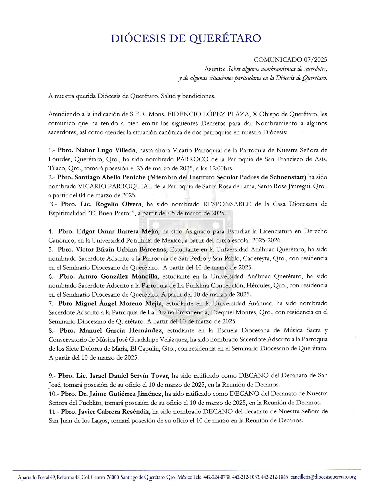 COMUNICADO 07/2025 Asunto: Sobre algunos nombramientos de sacerdotes, y de algunas situaciones particulares en la Diócesis de Querétaro.